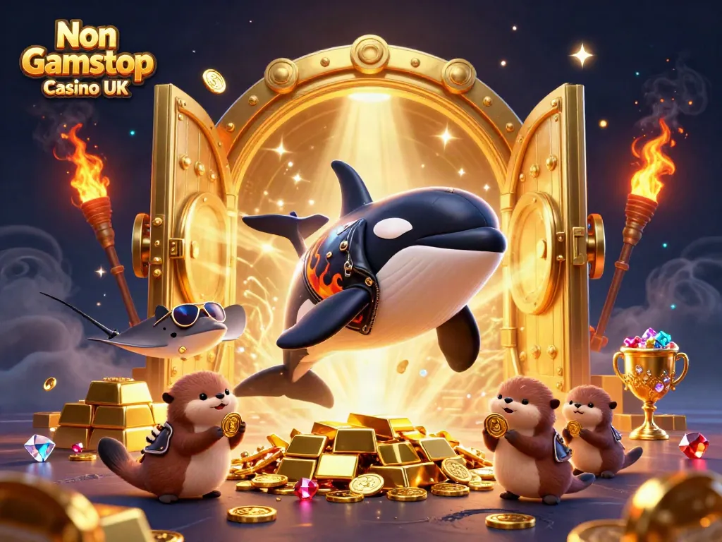 Engage in the excitement of Non Gamstop Casino UK with vibrant 3D cartoon illustration of sea creatures and treasures.