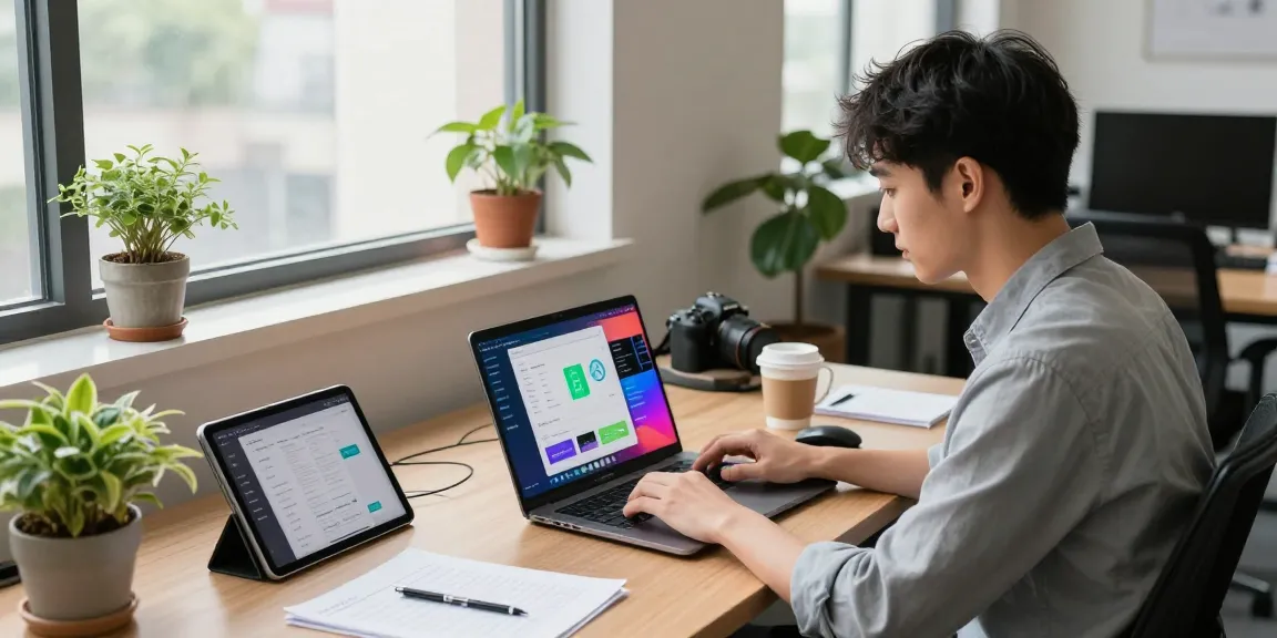 Young professional exploring the best AI tools in a contemporary tech workspace filled with devices and productivity items.