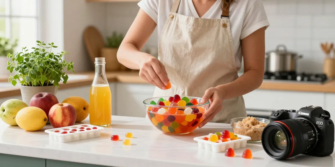 Delicious CBD Gummies being prepared with organic ingredients in a bright kitchen with fresh fruits and natural light, showcasing the essence of health and wellness.