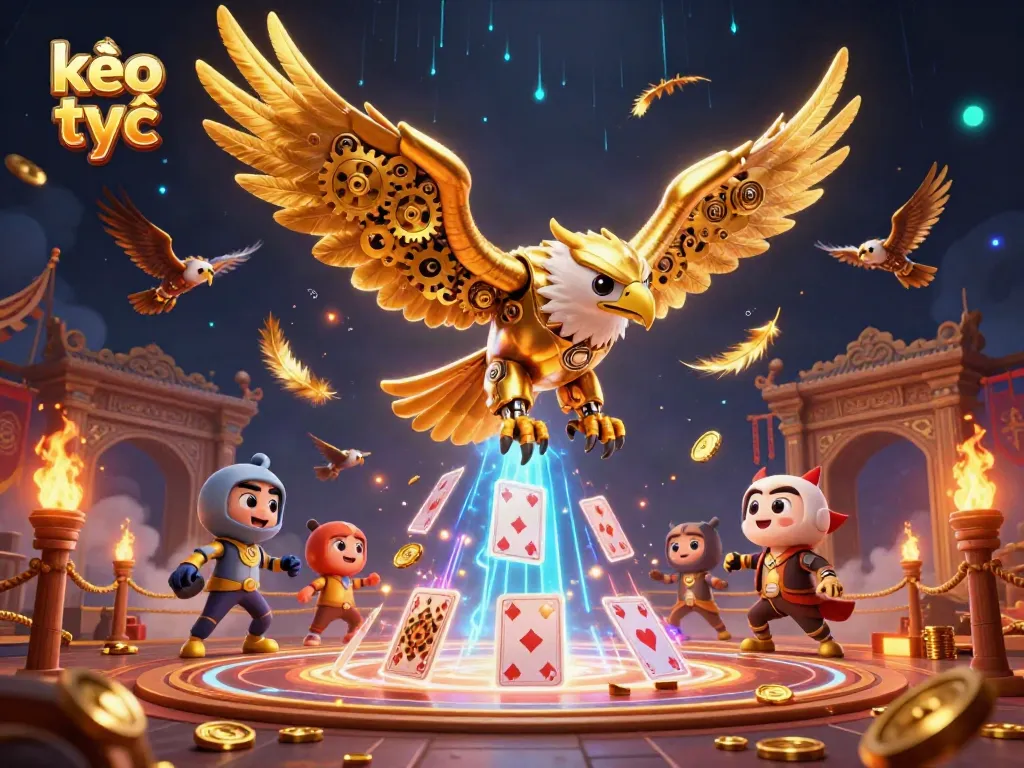 Engage with kèo trực tuyến through vibrant 3D illustration of a golden eagle flying above holographic cards.