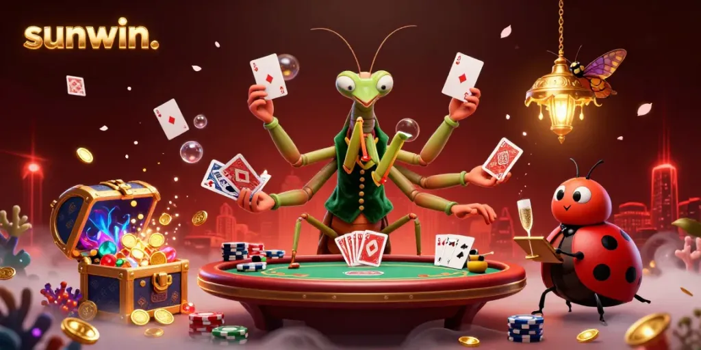Engage in exciting gameplay at sunwin with a vibrant casino scene featuring a giant praying mantis card sharp and dynamic game elements.