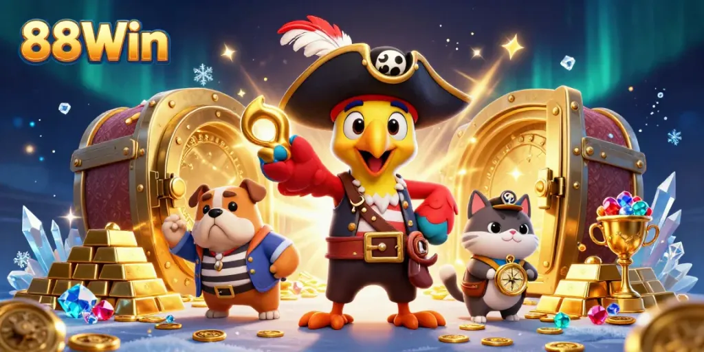 88Win introduces a vibrant 3D illustration showcasing a pirate captain parrot orchestrating a lively casino scenario.