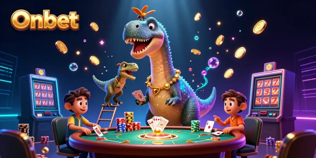 Experience the Onbet casino world with a whimsical 3D illustration of playful dinosaur characters and vibrant casino elements.