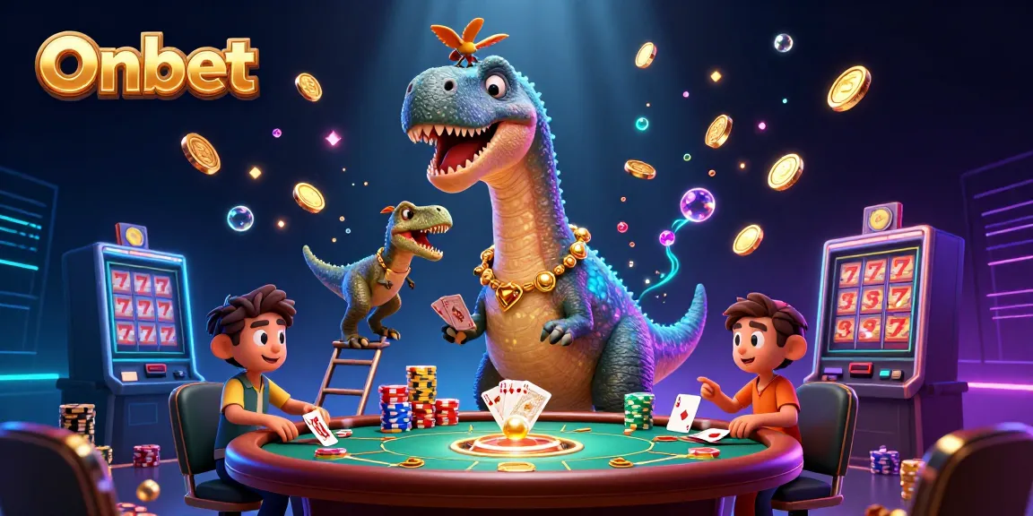 Experience the Onbet casino world with a whimsical 3D illustration of playful dinosaur characters and vibrant casino elements.