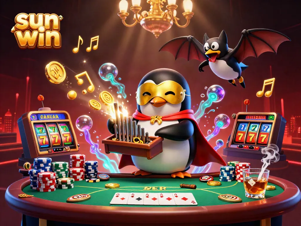 Experience the thrill of sun win gaming with a penguin producing golden coins and lively poker action.