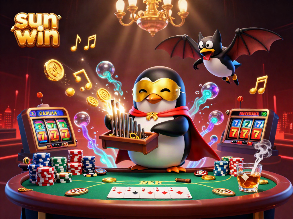 Experience the thrill of sun win gaming with a penguin producing golden coins and lively poker action.