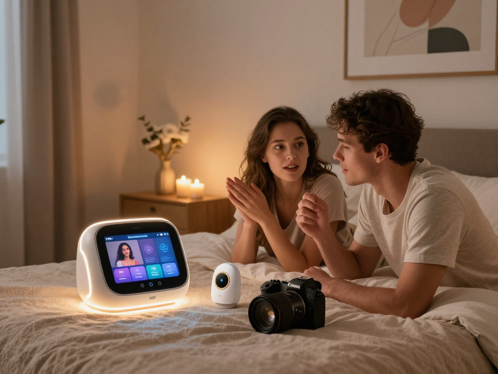 AI sex technology devices enhancing intimacy between a couple in a cozy bedroom.