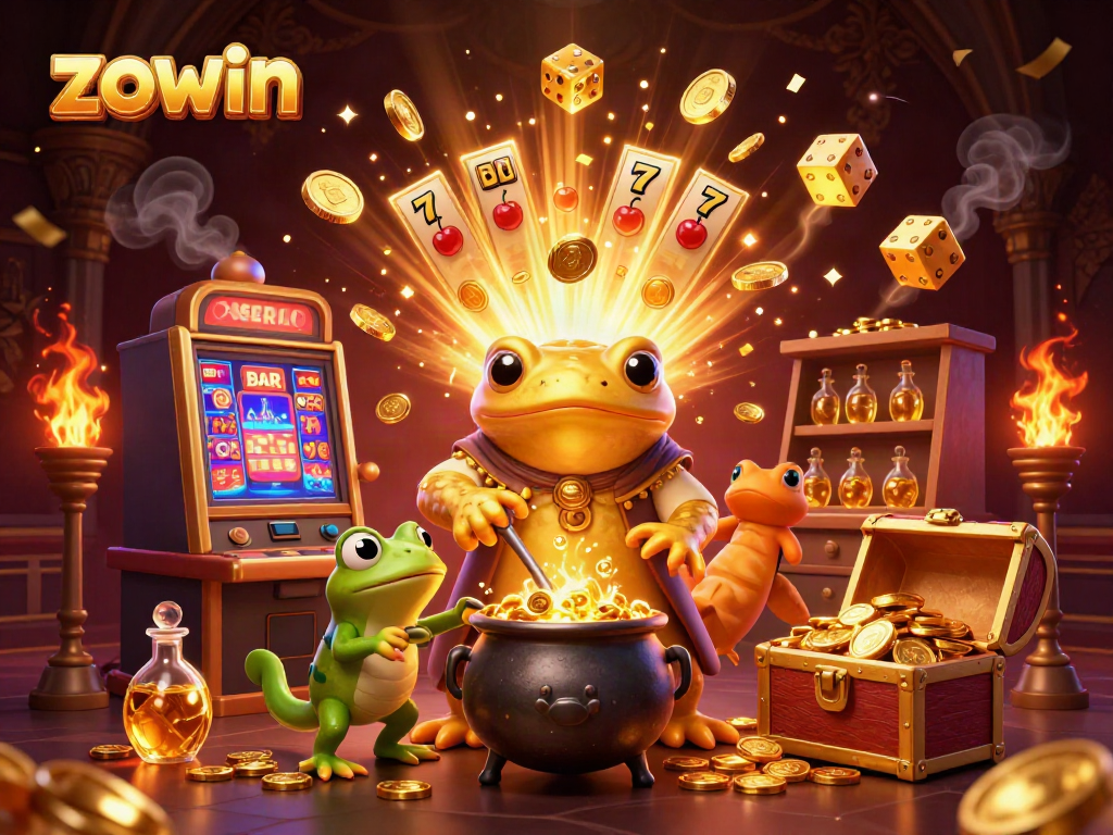 Join the exciting winnings at Zowin's colorful slot gaming with a golden salamander alchemist.