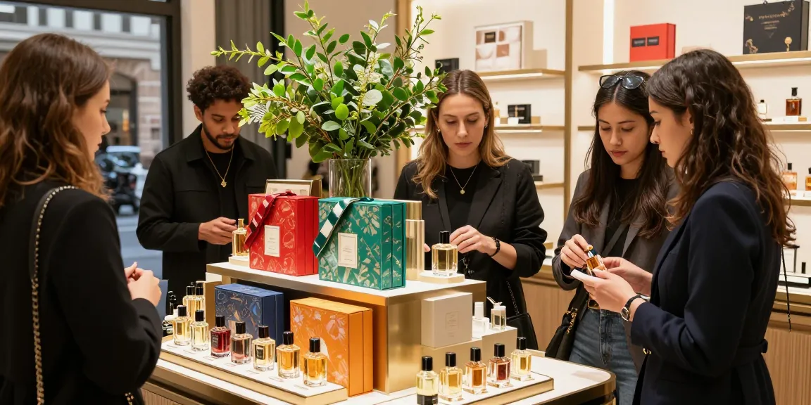 Shoppers exploring Perfume Gift Sets in a luxurious boutique, vibrant displays and attentive service create an inviting atmosphere.