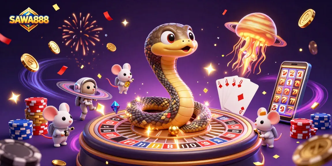 Experience thrilling gaming with SAWA888, where a cosmic dealer guides your bets among vibrant casino elements.
