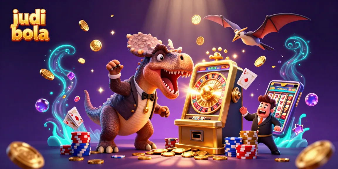Experience judi bola excitement with a dinosaur-themed jackpot scene vibrant with colors and casino elements.