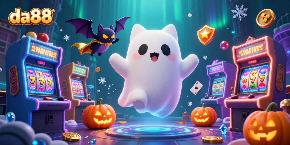 Engage with da88 at the lively casino zone featuring a ghost cat, slots, and vibrant arcade games.