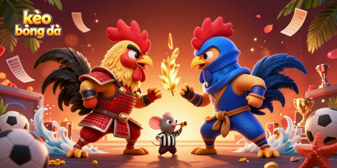 Experience thrilling kèo bóng đá action in a vibrant 3D scene with roosters and sports betting elements.