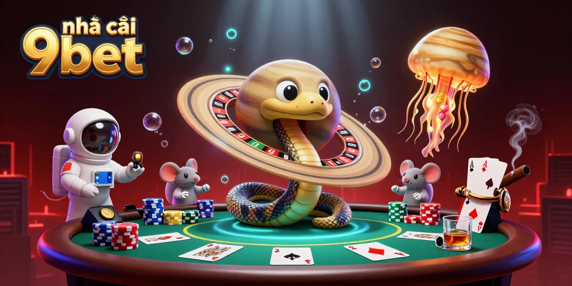 Engage with nhà cái 9bet's cosmic casino scene featuring humorous astronaut mice betting around a roulette wheel.